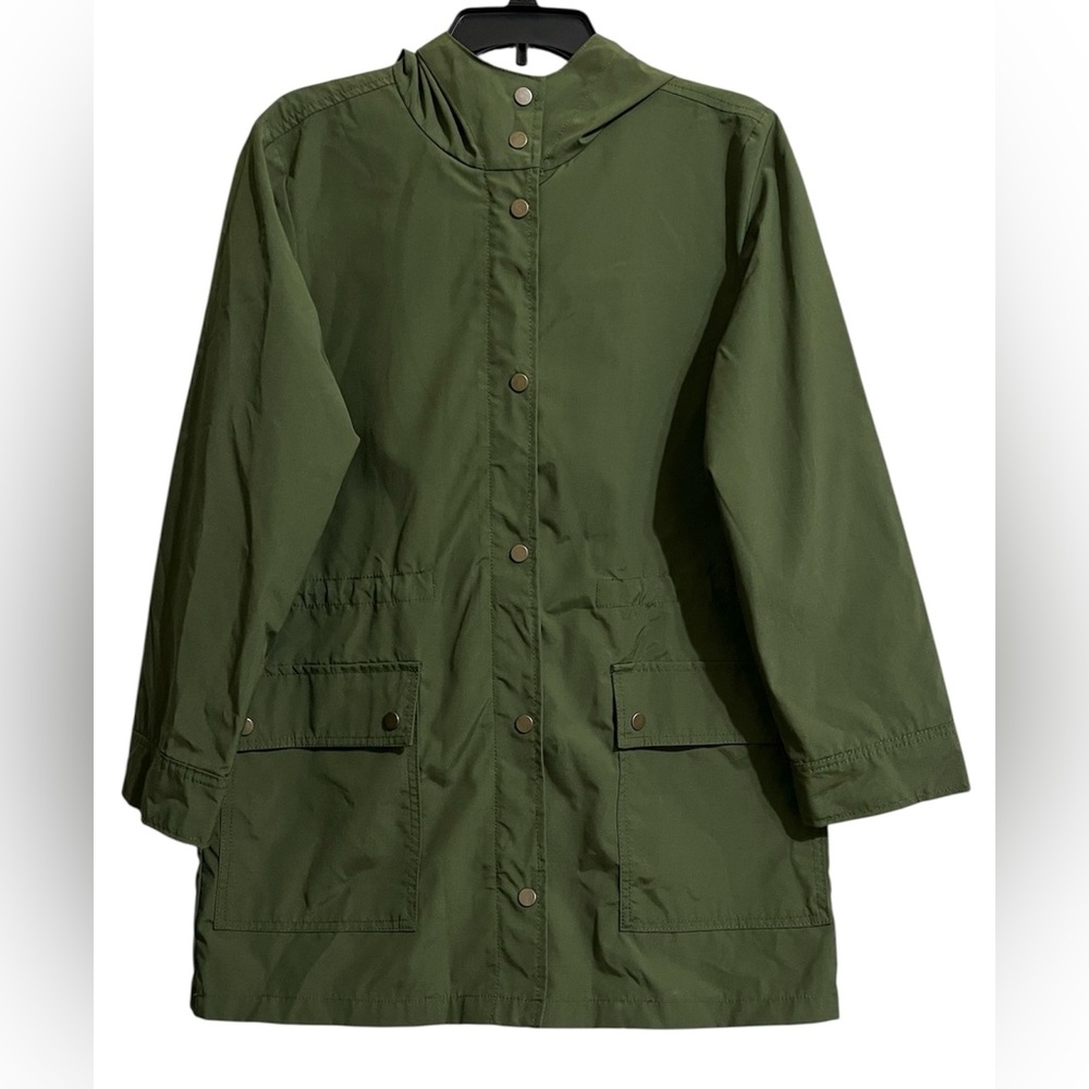 J Crew Women’s Olive Green Full Zip Snap Rain Hooded Anorak Jacket Small
